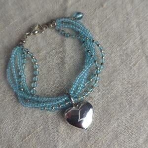 Vintage Blue Glass Beaded Bracelet Heart Locket Multi Strand